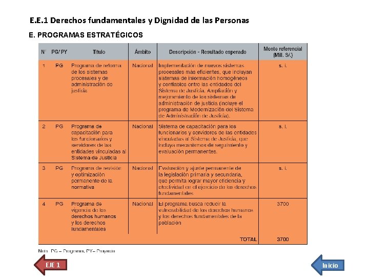 E. E. 1 Derechos fundamentales y Dignidad de las Personas E. PROGRAMAS ESTRATÉGICOS EJE