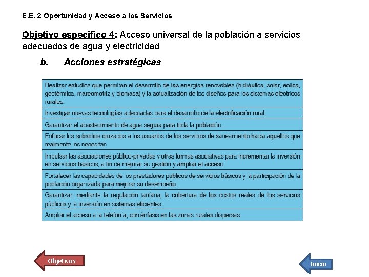 E. E. 2 Oportunidad y Acceso a los Servicios Objetivo especifico 4: Acceso universal