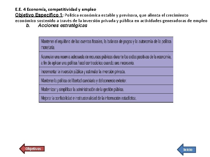 E. E. 4 Economía, competitividad y empleo Objetivo Específico 1: Política económica estable y