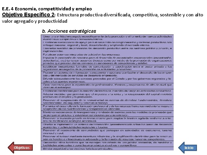 E. E. 4 Economía, competitividad y empleo Objetivo Específico 2: Estructura productiva diversificada, competitiva,