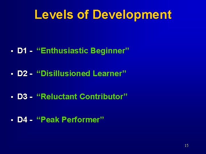 Levels of Development § D 1 - “Enthusiastic Beginner” § D 2 - “Disillusioned