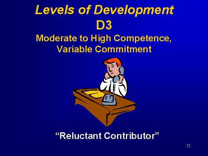Levels of Development D 3 Moderate to High Competence, Variable Commitment “Reluctant Contributor” 15