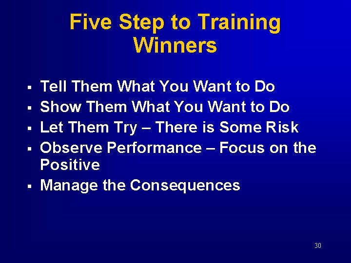 Five Step to Training Winners § § § Tell Them What You Want to