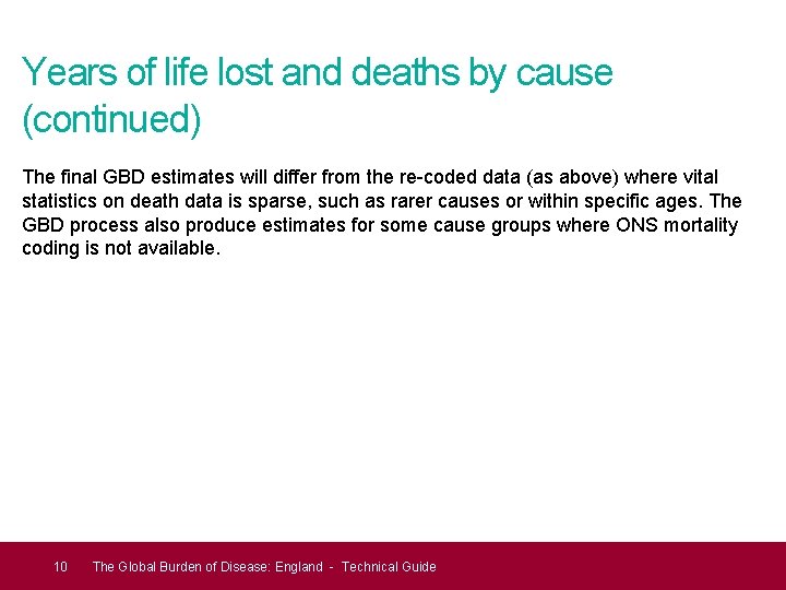 Years of life lost and deaths by cause (continued) The final GBD estimates will