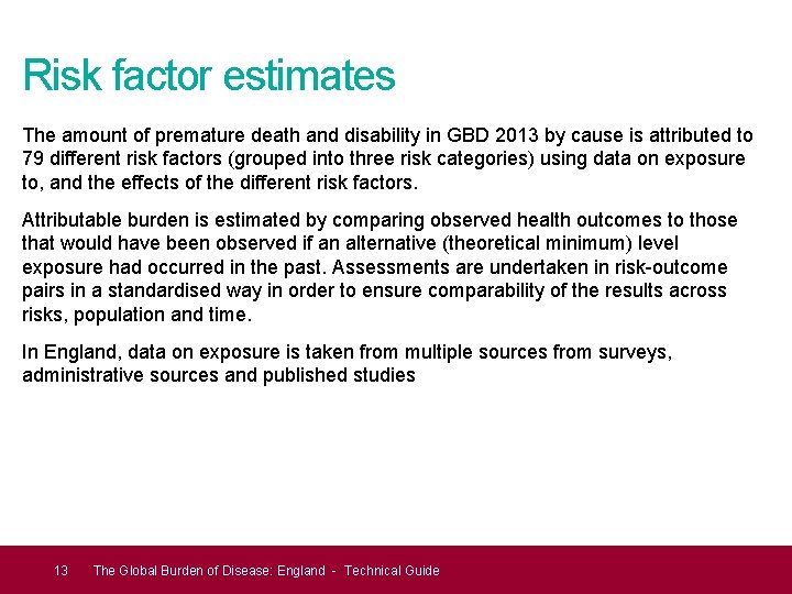 Risk factor estimates The amount of premature death and disability in GBD 2013 by