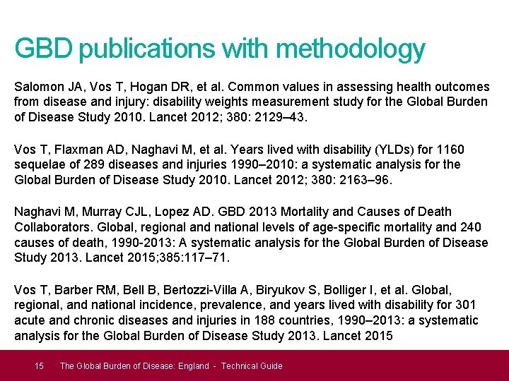 GBD publications with methodology Salomon JA, Vos T, Hogan DR, et al. Common values
