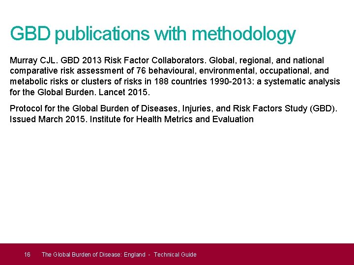 GBD publications with methodology Murray CJL. GBD 2013 Risk Factor Collaborators. Global, regional, and