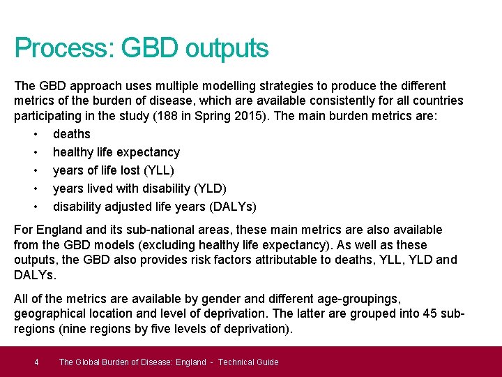 Process: GBD outputs The GBD approach uses multiple modelling strategies to produce the different
