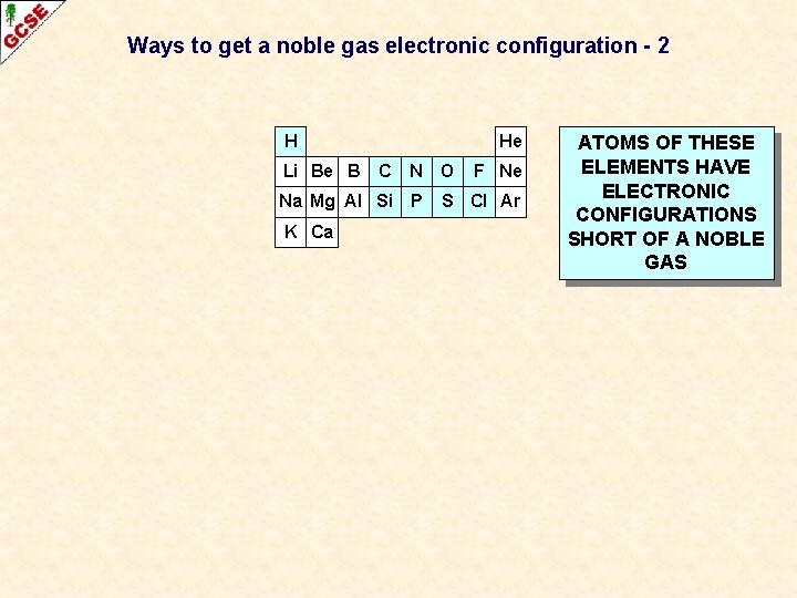 Ways to get a noble gas electronic configuration - 2 H Li Be B