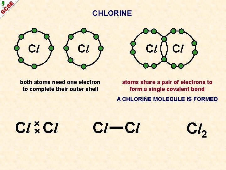 CHLORINE Cl Cl Cl both atoms need one electron to complete their outer shell
