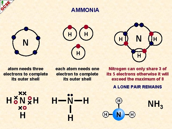 AMMONIA H H N H atom needs three electrons to complete its outer shell
