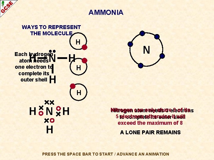AMMONIA WAYS TO REPRESENT THE MOLECULE H Each hydrogen atom needs one electron to