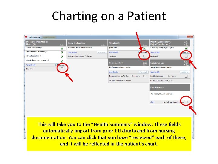 Charting on a Patient This will take you to the “Health Summary” window. These