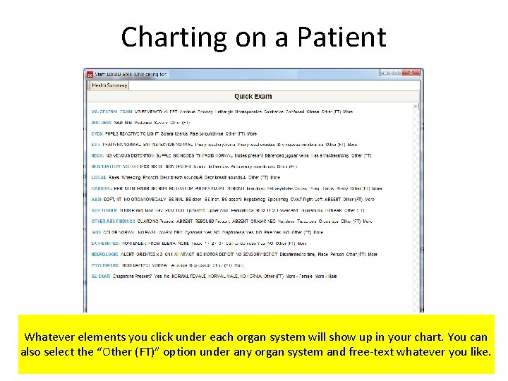 Charting on a Patient Whatever elements you click under each organ system will show