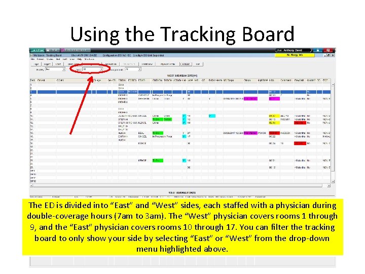 Using the Tracking Board The ED is divided into “East” and “West” sides, each