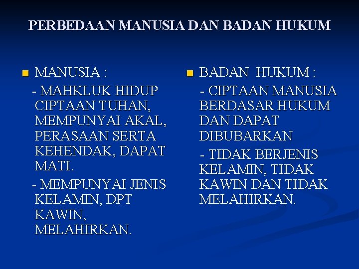 PERBEDAAN MANUSIA DAN BADAN HUKUM n MANUSIA : - MAHKLUK HIDUP CIPTAAN TUHAN, MEMPUNYAI