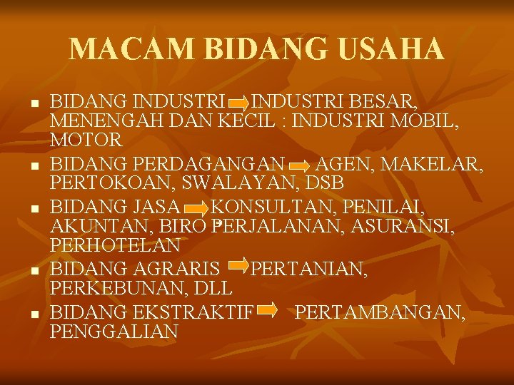 MACAM BIDANG USAHA n n n BIDANG INDUSTRI BESAR, MENENGAH DAN KECIL : INDUSTRI