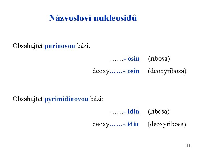 Názvosloví nukleosidů Obsahující purinovou bázi: ……- osin deoxy……- osin (ribosa) (deoxyribosa) Obsahující pyrimidinovou bázi: