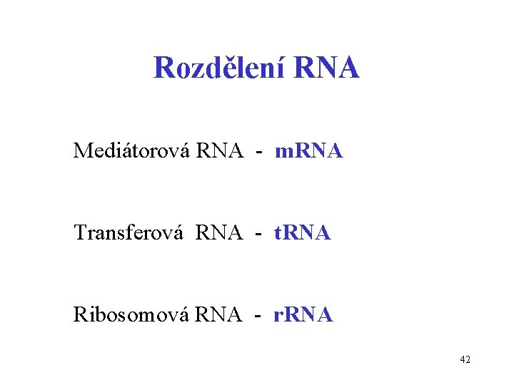 Rozdělení RNA Mediátorová RNA - m. RNA Transferová RNA - t. RNA Ribosomová RNA