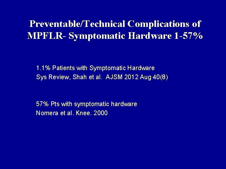 Preventable/Technical Complications of MPFLR- Symptomatic Hardware 1 -57% 1. 1% Patients with Symptomatic Hardware