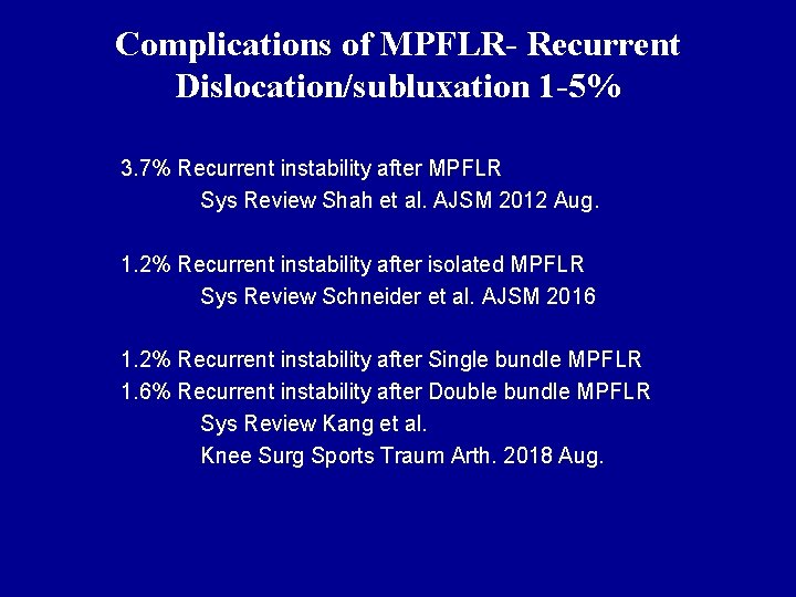 Complications of MPFLR- Recurrent Dislocation/subluxation 1 -5% 3. 7% Recurrent instability after MPFLR Sys