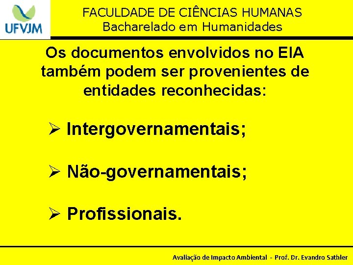 FACULDADE DE CIÊNCIAS HUMANAS Bacharelado em Humanidades Os documentos envolvidos no EIA também podem