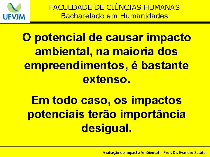 FACULDADE DE CIÊNCIAS HUMANAS Bacharelado em Humanidades O potencial de causar impacto ambiental, na