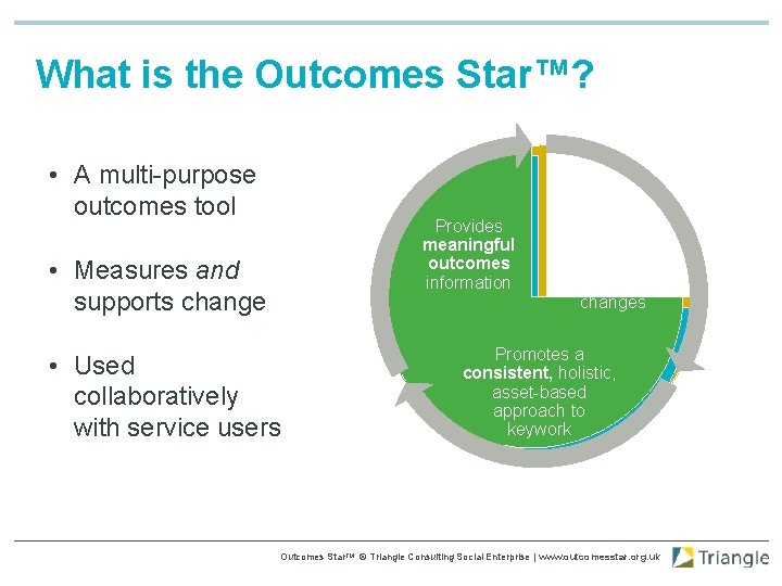 What is the Outcomes Star™? • A multi-purpose outcomes tool Provides meaningful outcomes information