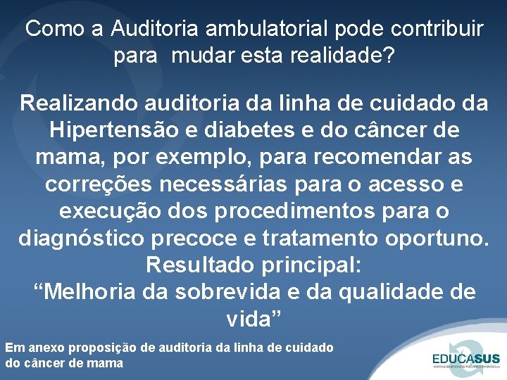 Como a Auditoria ambulatorial pode contribuir para mudar esta realidade? Realizando auditoria da linha