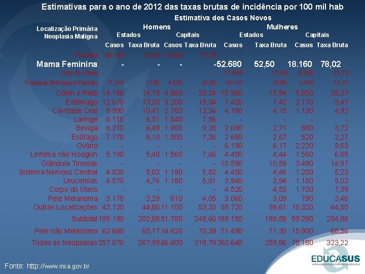 Estimativas para o ano de 2012 das taxas brutas de incidência por 100 mil