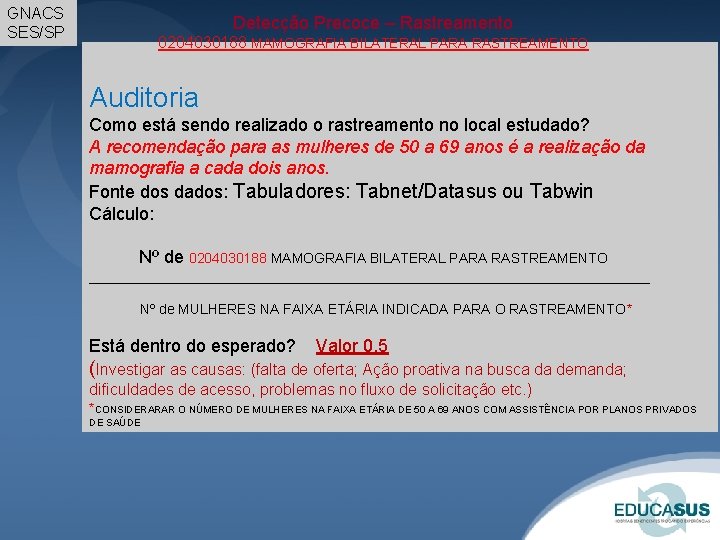 GNACS SES/SP Detecção Precoce – Rastreamento 0204030188 MAMOGRAFIA BILATERAL PARA RASTREAMENTO Auditoria Como está