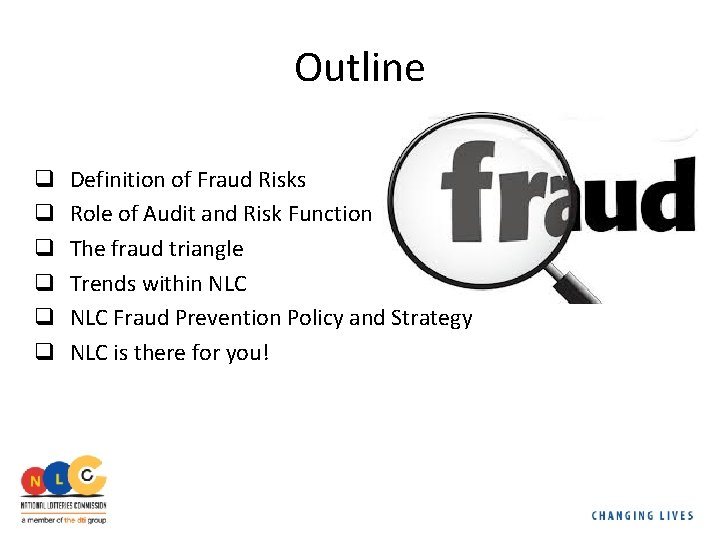 Outline q q q Definition of Fraud Risks Role of Audit and Risk Function