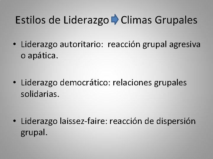 Estilos de Liderazgo – Climas Grupales • Liderazgo autoritario: reacción grupal agresiva o apática.