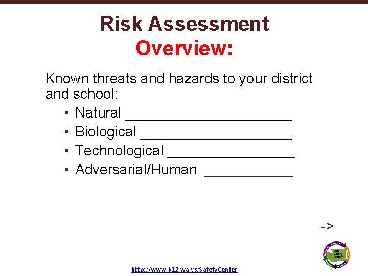Risk Assessment Overview: Known threats and hazards to your district and school: • Natural