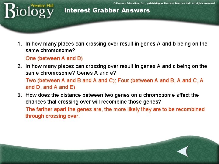 Interest Grabber Answers 1. In how many places can crossing over result in genes