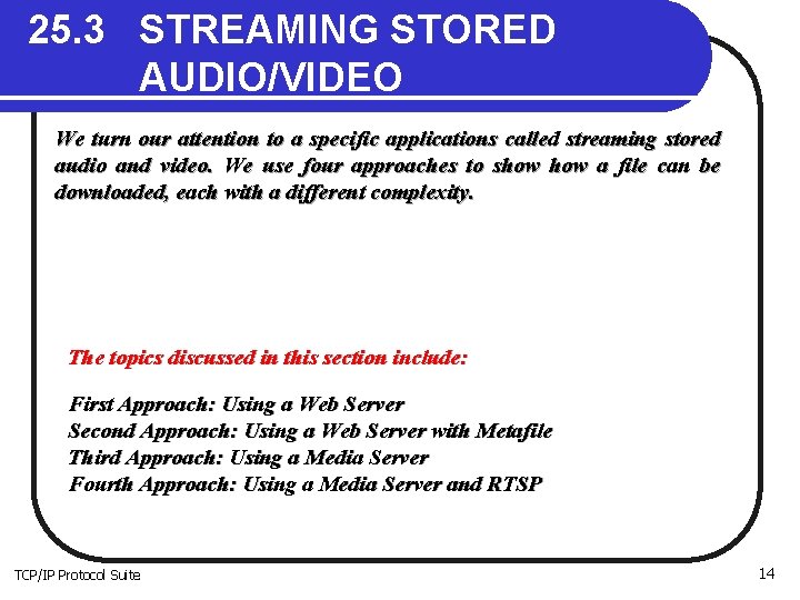 25. 3 STREAMING STORED AUDIO/VIDEO We turn our attention to a specific applications called