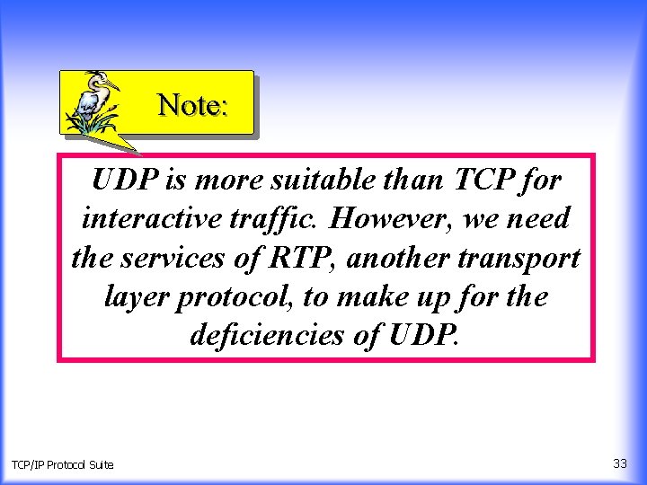 Note: UDP is more suitable than TCP for interactive traffic. However, we need the