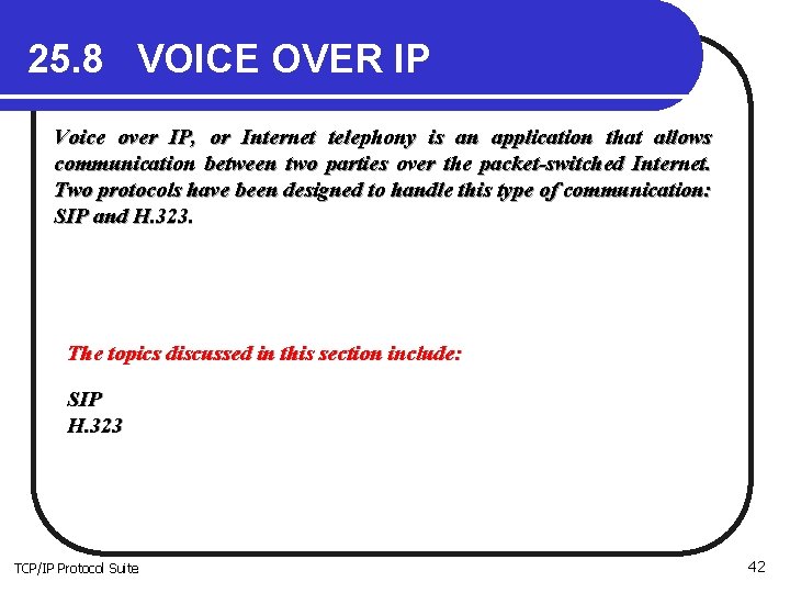 25. 8 VOICE OVER IP Voice over IP, or Internet telephony is an application