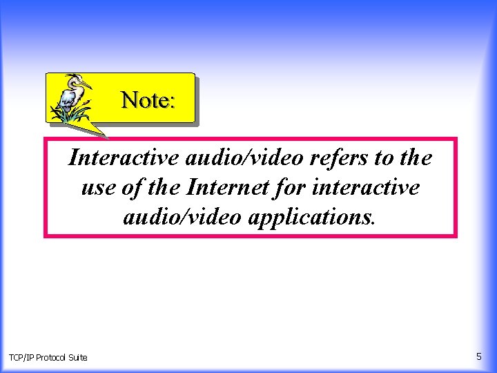 Note: Interactive audio/video refers to the use of the Internet for interactive audio/video applications.