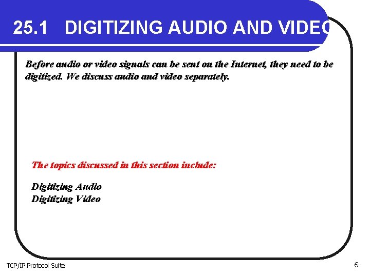 25. 1 DIGITIZING AUDIO AND VIDEO Before audio or video signals can be sent
