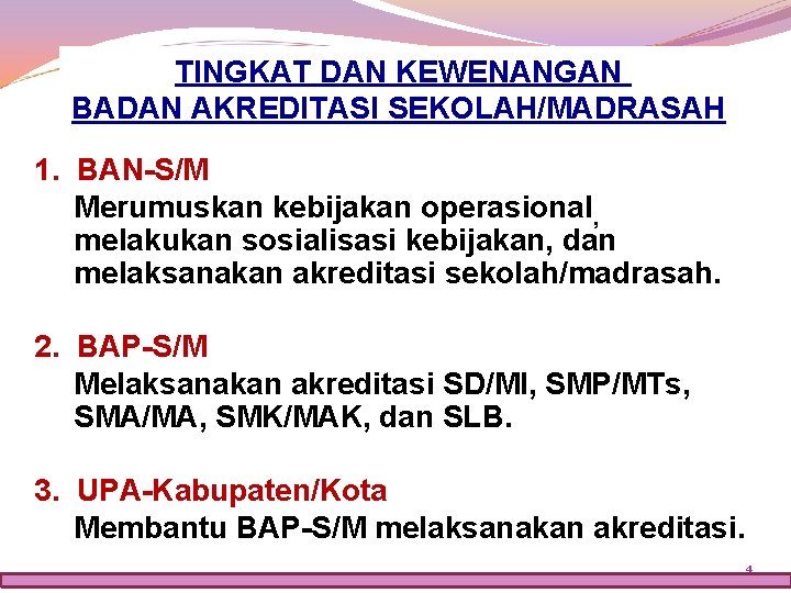 TINGKAT DAN KEWENANGAN BADAN AKREDITASI SEKOLAH/MADRASAH 1. BAN-S/M Merumuskan kebijakan operasional, melakukan sosialisasi kebijakan,