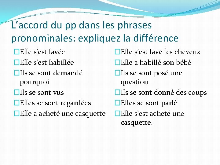 L’accord du pp dans les phrases pronominales: expliquez la différence �Elle s’est lavée �Elle