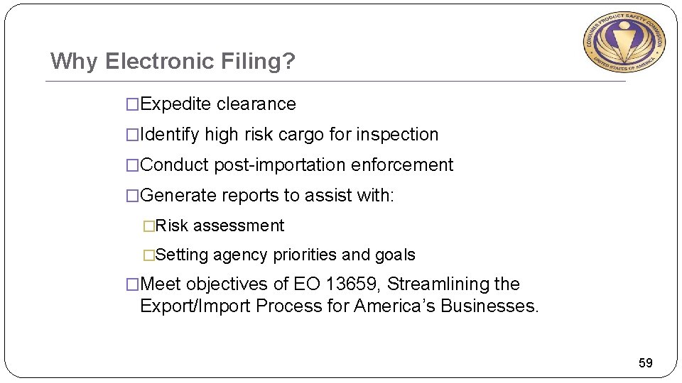 Why Electronic Filing? �Expedite clearance �Identify high risk cargo for inspection �Conduct post-importation enforcement