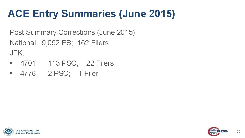 ACE Entry Summaries (June 2015) Post Summary Corrections (June 2015): National: 9, 052 ES;