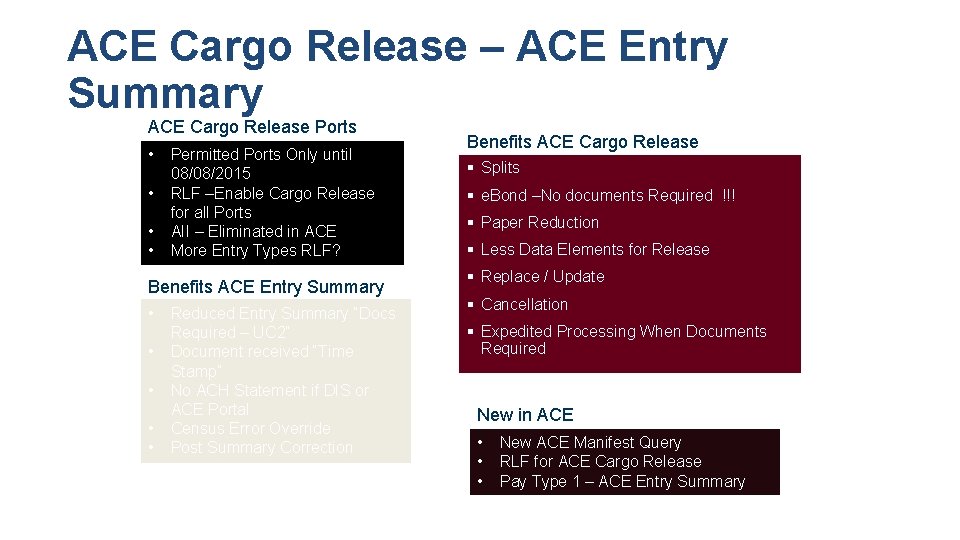 ACE Cargo Release – ACE Entry Summary ACE Cargo Release Ports • Permitted Ports