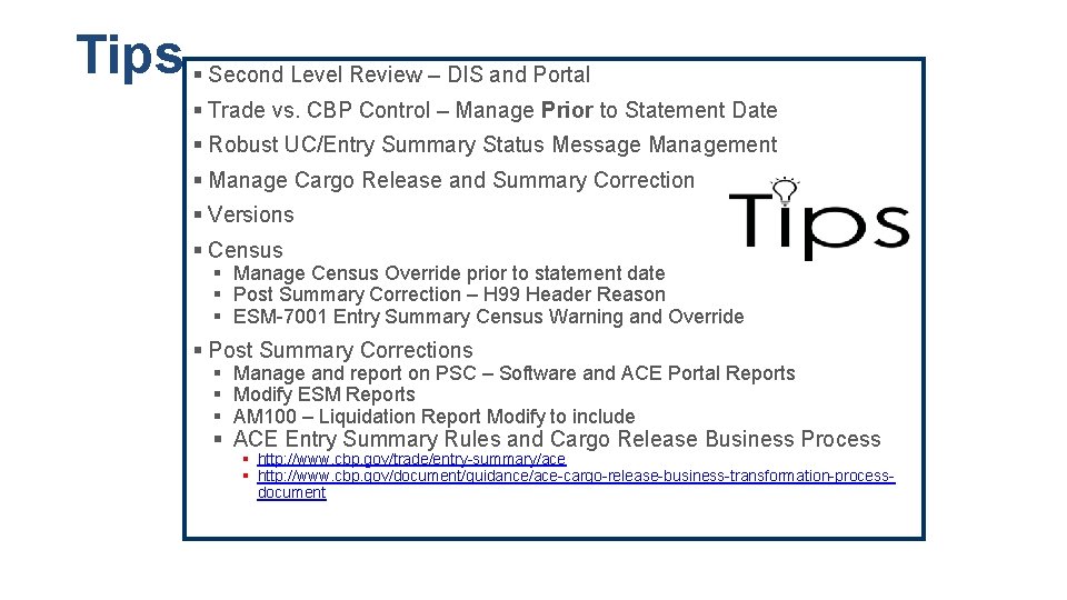 Tips § Second Level Review – DIS and Portal § Trade vs. CBP Control