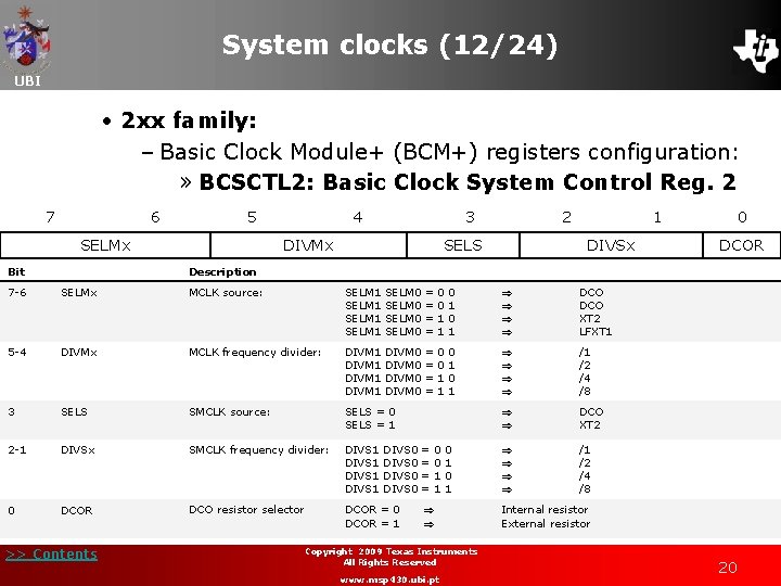 System clocks (12/24) UBI • 2 xx family: – Basic Clock Module+ (BCM+) registers