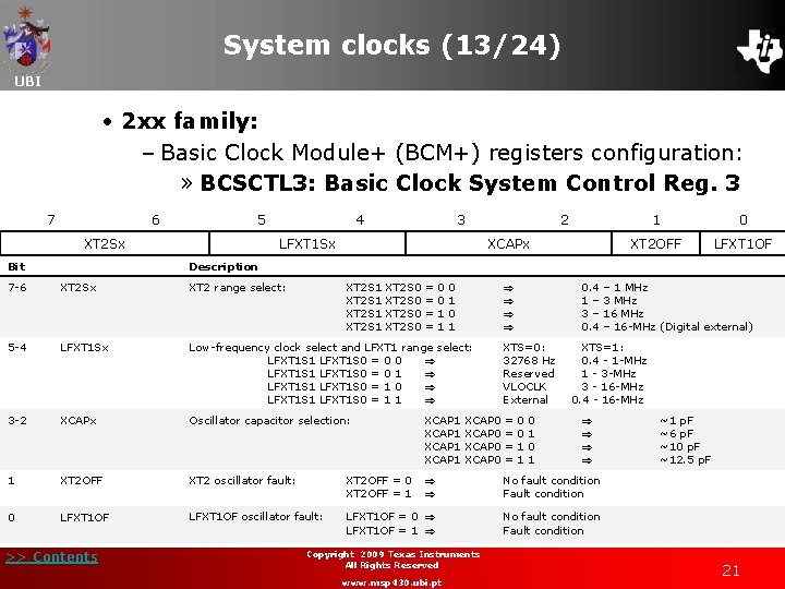 System clocks (13/24) UBI • 2 xx family: – Basic Clock Module+ (BCM+) registers