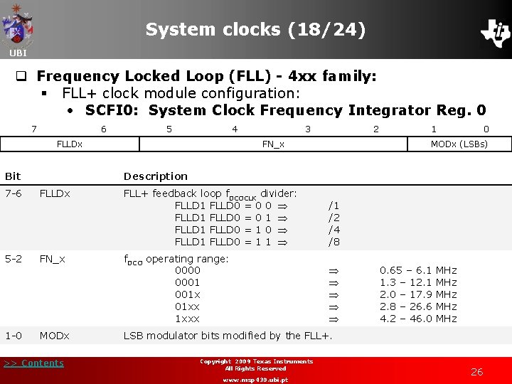 System clocks (18/24) UBI q Frequency Locked Loop (FLL) - 4 xx family: §