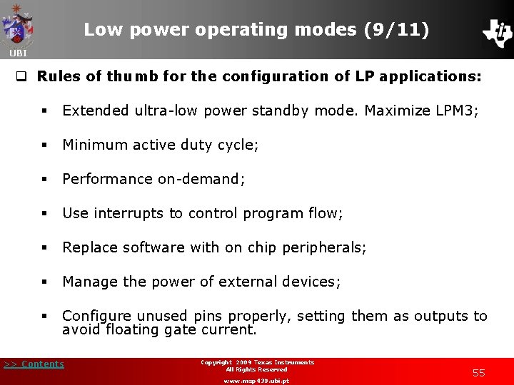 Low power operating modes (9/11) UBI q Rules of thumb for the configuration of